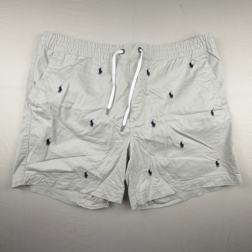Polo Ralph Lauren Chino Shorts Mens XXL Khaki Tan Navy Pony All Over Print Twill